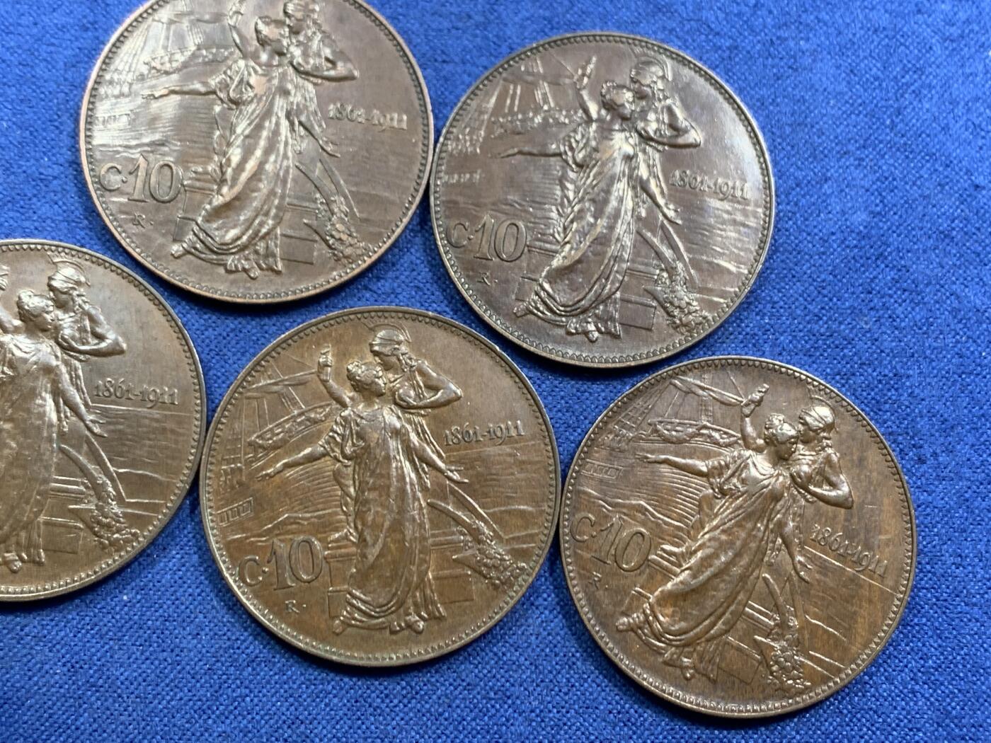 《竞宝斋》第463-465场 周日，周一，周二，3场连拍 （全场包邮）欢迎送拍 五枚一组 好品 意大利1911年10分铜币