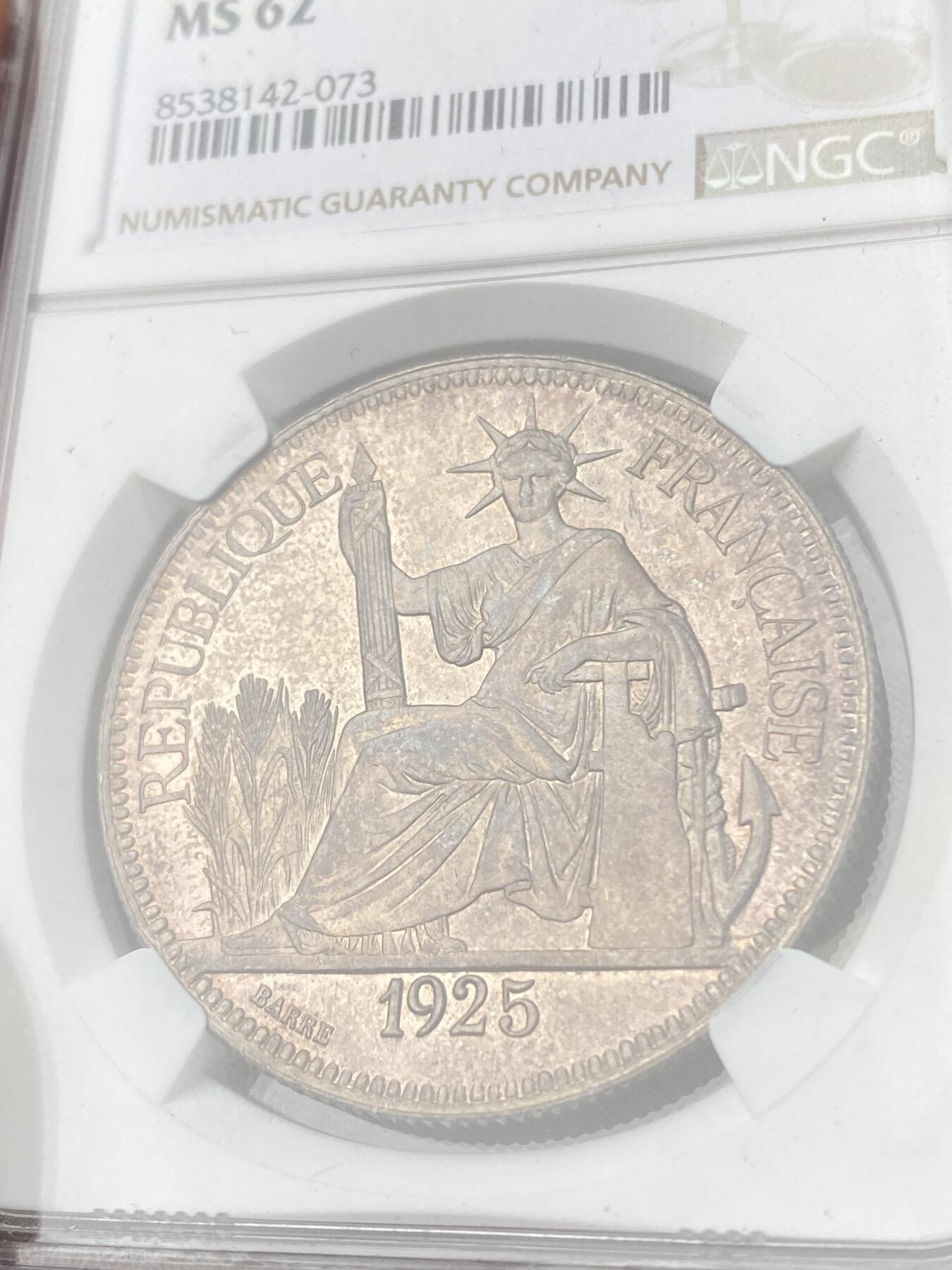 万国钱币拍卖第060期（万国六十期纪念大拍） NGC MS62 1925A法属印支皮阿斯特坐洋银币 好品难得的后期年份 自由女神五官清晰鼻梁高挺 原味玫瑰五彩环绕 可遇不可求的收藏级品质
