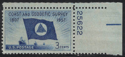洪涛臻品批发群 精选邮票限时拍卖第1244期  - 1957美国海岸和大地测量局-轮船与旗帜 雕版1全套 角边版号！原胶全品！