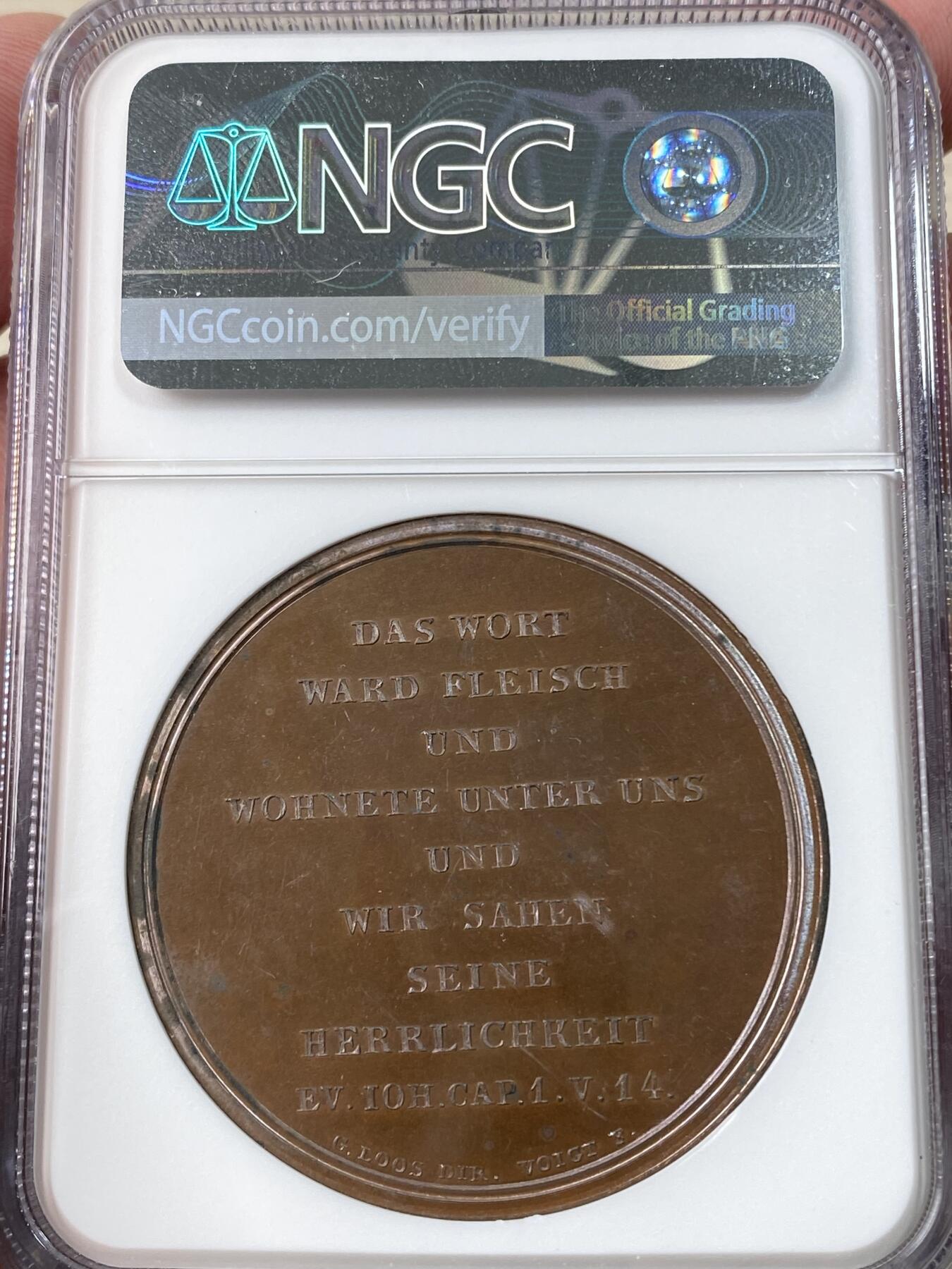 万国钱币拍卖第060期（万国六十期纪念大拍） NGC MS64 19世纪德国宗教铜章 其典故出自《约翰福音》1章14节：“道成了肉身，住在我们中间”意指三位一体中的圣子以人的形态降世为耶稣基督 Loos与Voigt强强联合之作 高浮雕顶级品相