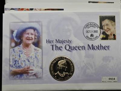 【淘币小摊】限时拍第八百六十二拍  克朗币邮币封场  满百包邮可预留两周  周一统一发货  - 特克斯凯科斯2002年女王母亲5克朗纪念币邮币封