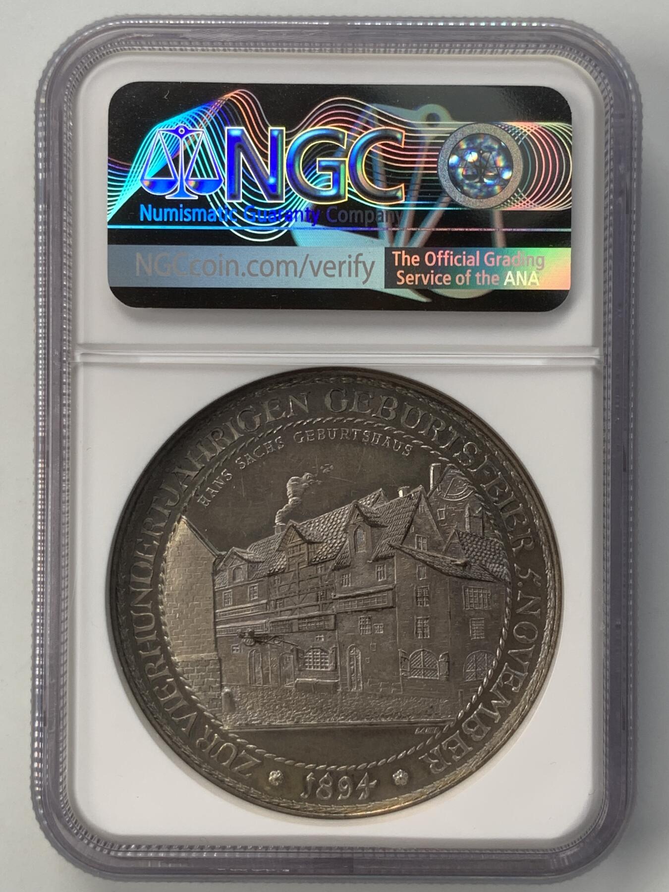 掌中浮雕-藏着的欧洲第052场 NGC MS61 : 1894年德国纽伦堡纪念汉斯·萨克斯诞辰400周年银章，45mm