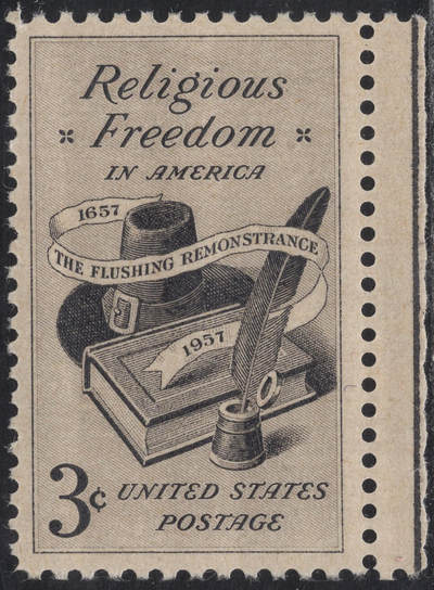 洪涛臻品批发群 精选邮票限时拍卖第1244期  - 1957美国宗教自由--圣经、羽毛笔 雕版1全套带边 原胶全品！