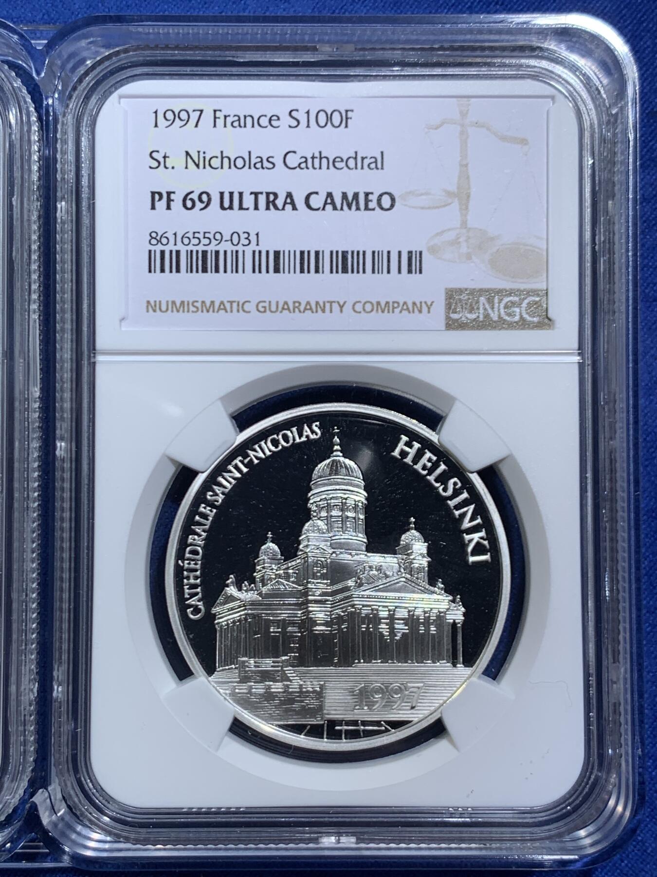 《竞宝斋》第463-465场 周日，周一，周二，3场连拍 （全场包邮）欢迎送拍 三枚一组 NGC PF69UC 法国老币欧洲经典景点系列-瑞典赫尔辛基、希腊帕特农神庙、西班牙阿尔罕布拉宫100法郎精制纪念银币（900银，克重22.2克，镌刻在银币上的永恒记忆，虽然已经历经40年的岁月打磨，但银币依然历久弥新！）