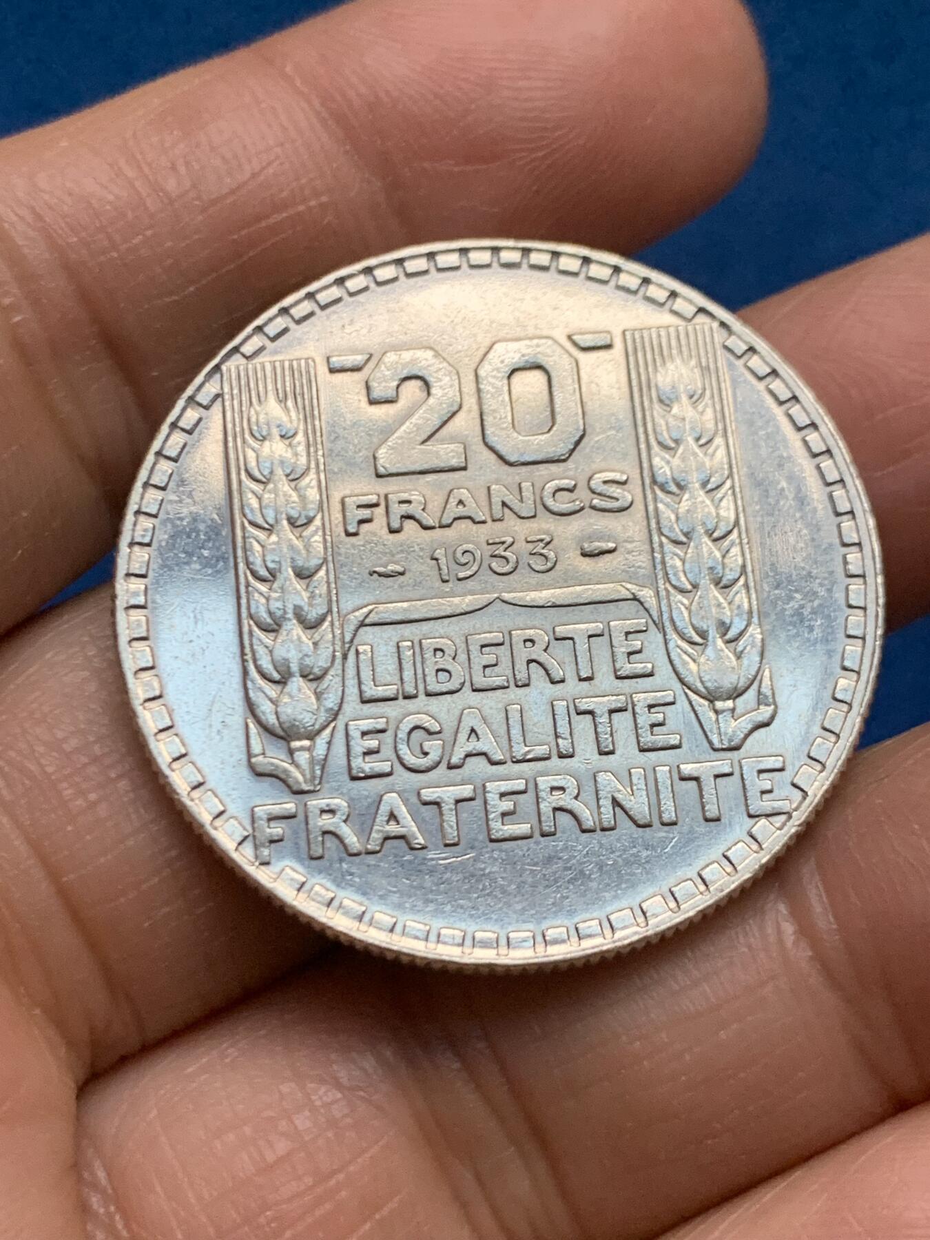 《竞宝斋》第463-465场 周日，周一，周二，3场连拍 （全场包邮）欢迎送拍 法国 1933年 谷物女神20法郎银币 20克 680银