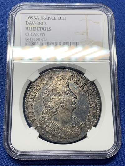 《竞宝斋》第463-465场 周日，周一，周二，3场连拍 （全场包邮）欢迎送拍 - NGC AU 法国1693年太阳王路易十四埃居 少见好品棕榈叶版本 正反面打制都不错 发丝清晰可见几乎没有流通磨损 原味好状态黑包浆 人物立体 整体状态很好