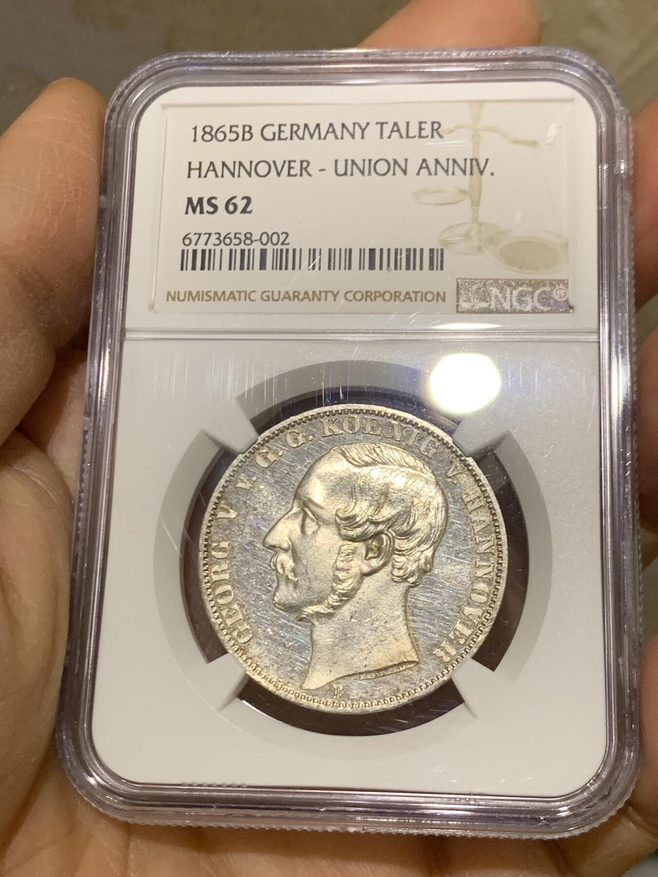 《竞宝斋》第463-465场 周日，周一，周二，3场连拍 （全场包邮）欢迎送拍 NGC MS62 德国 1865汉诺威和东弗里士兰联合50周年纪念泰勒，PL底板 发行量仅1000枚，是同系列橡树泰勒发现量的一半 非常难遇的品种