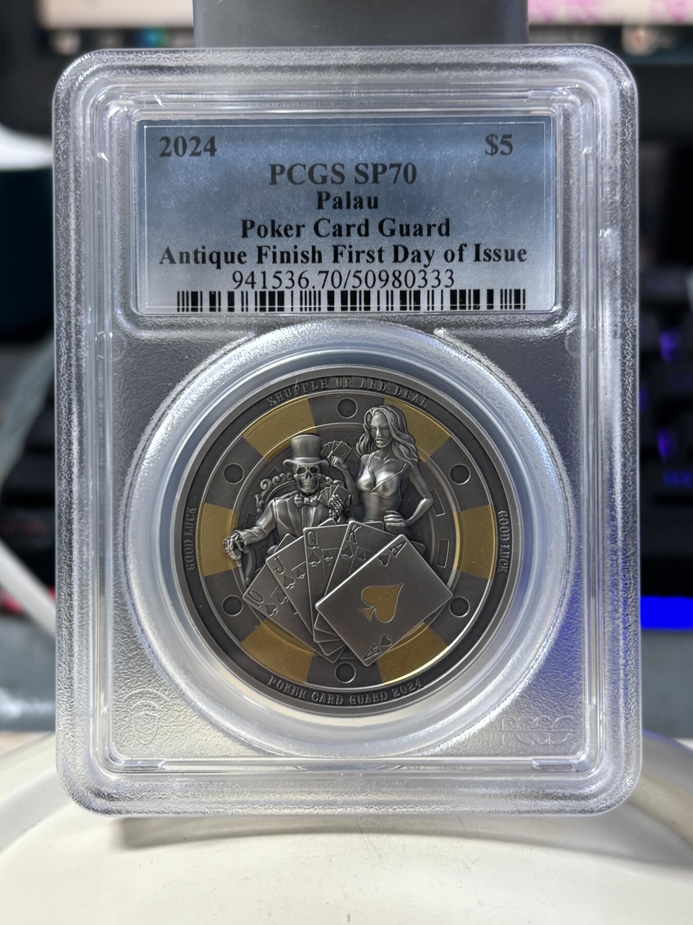 第190期拍卖 帕劳2024年扑克警卫镀金仿古浮雕银币PCGS-SP70,9999银，1盎司，发行1111枚