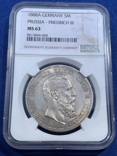 《竞宝斋》第463-465场 周日，周一，周二，3场连拍 （全场包邮）欢迎送拍 - NGC MS63 德国 1888A 弗里德里希三世皇帝5马克 大银币 三皇之年 德二钱币必入