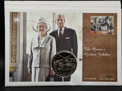 【淘币小摊】限时拍第八百六十二拍  克朗币邮币封场  满百包邮可预留两周  周一统一发货  - 库克群岛2002年女王登基金禧50分纪念币邮币封