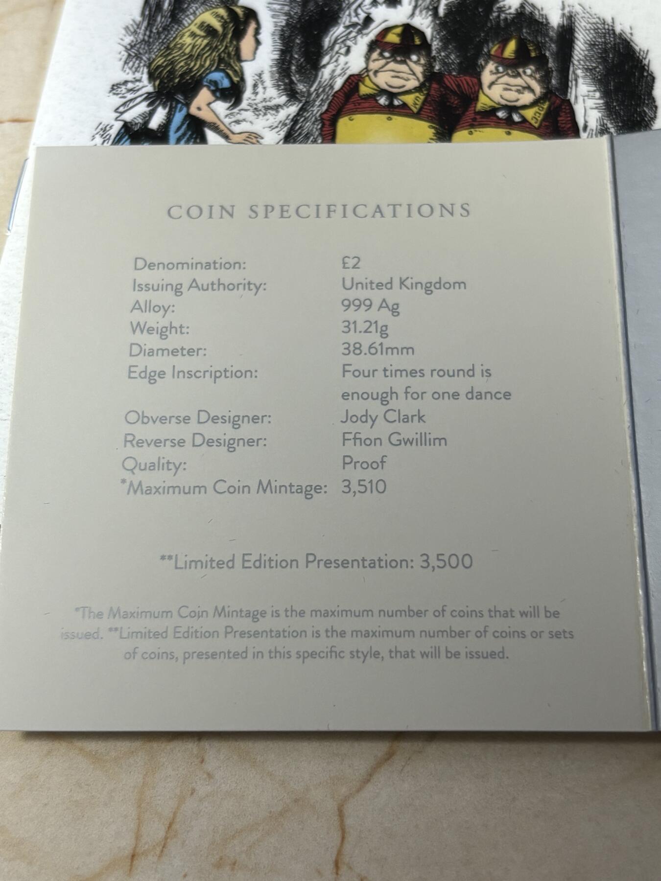 第190期拍卖 英国2021年爱丽丝梦游仙境2镜中奇遇记纪念银币，999银，发行3500枚，有氧化