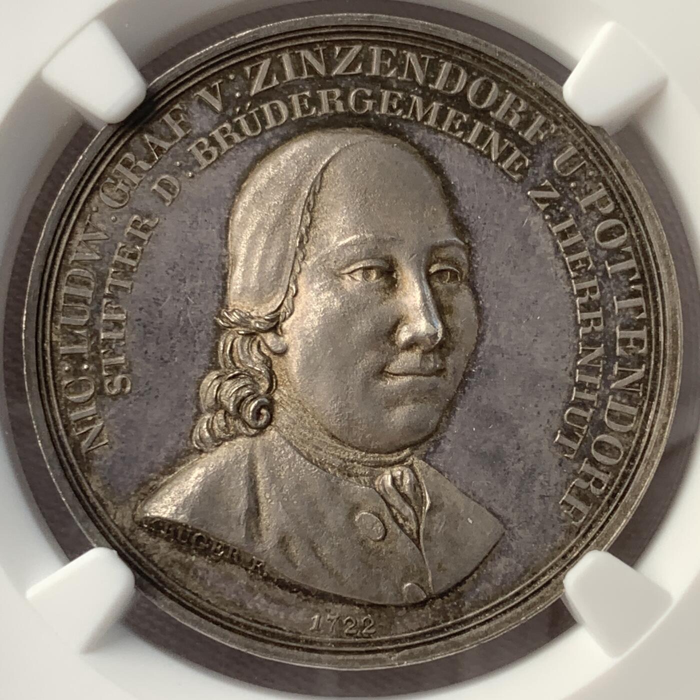 掌中浮雕-藏着的欧洲第052场 NGC MS63 : 1822年莫拉维亚教会德语分支受萨克森伯爵青岑多夫庇护百年银章，33mm