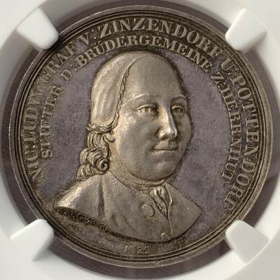 掌中浮雕-藏着的欧洲第052场 - NGC MS63 : 1822年莫拉维亚教会德语分支受萨克森伯爵青岑多夫庇护百年银章，33mm