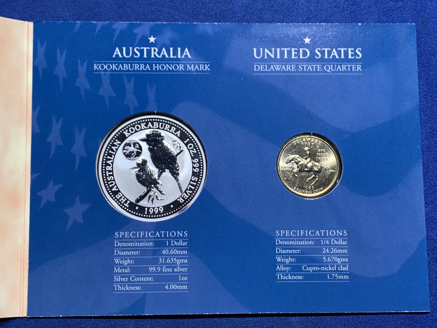 《竞宝斋》第463-465场 周日，周一，周二，3场连拍 （全场包邮）欢迎送拍 澳大利亚1999年1元和美国25美分银币套 笑翠鸟带特拉华州标记 1盎司999银 发行量1万 卡装