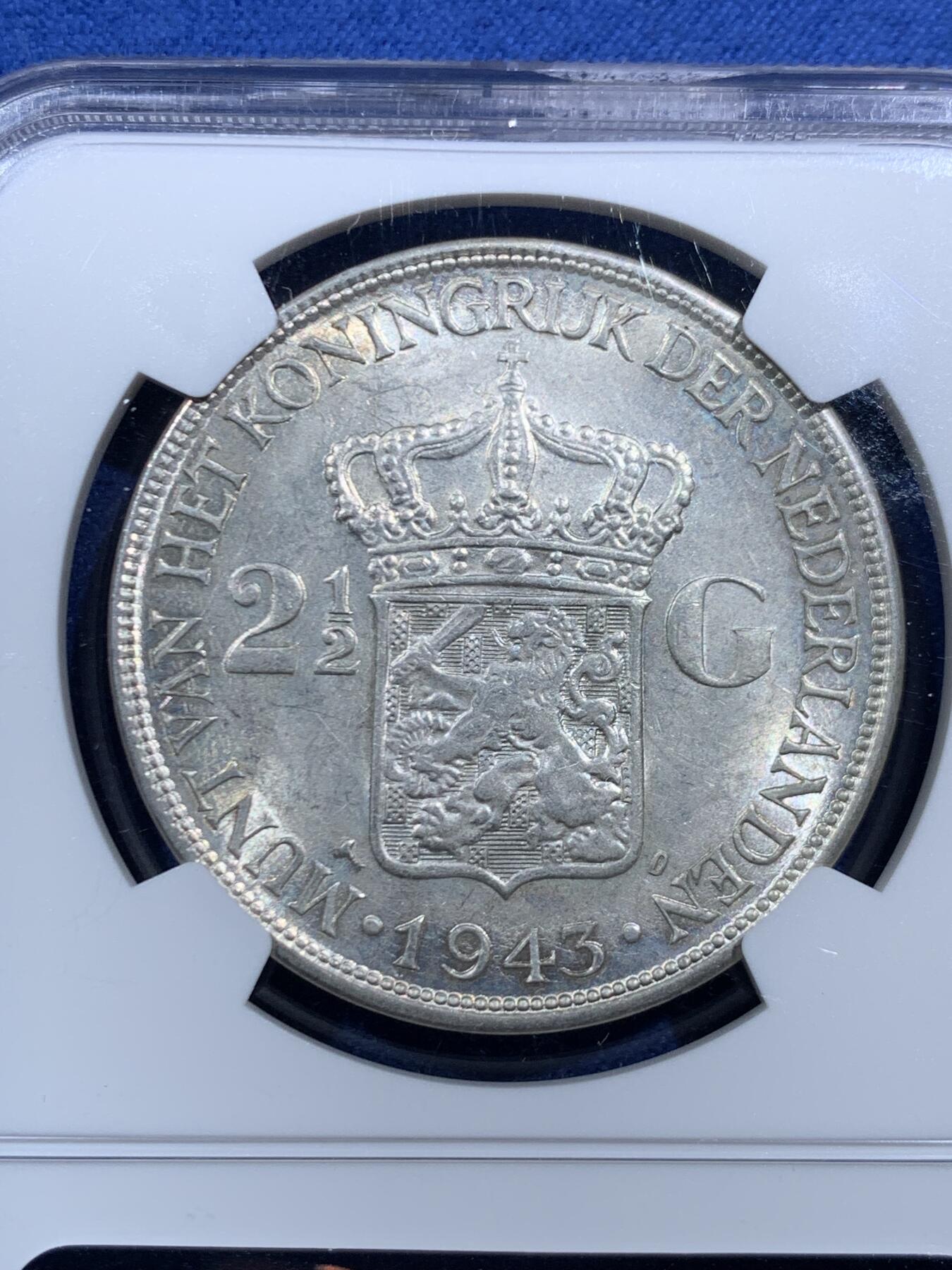 《竞宝斋》第463-465场 周日，周一，周二，3场连拍 （全场包邮）欢迎送拍 NGC MS63 荷属东印度 1943D 2.5盾大银币