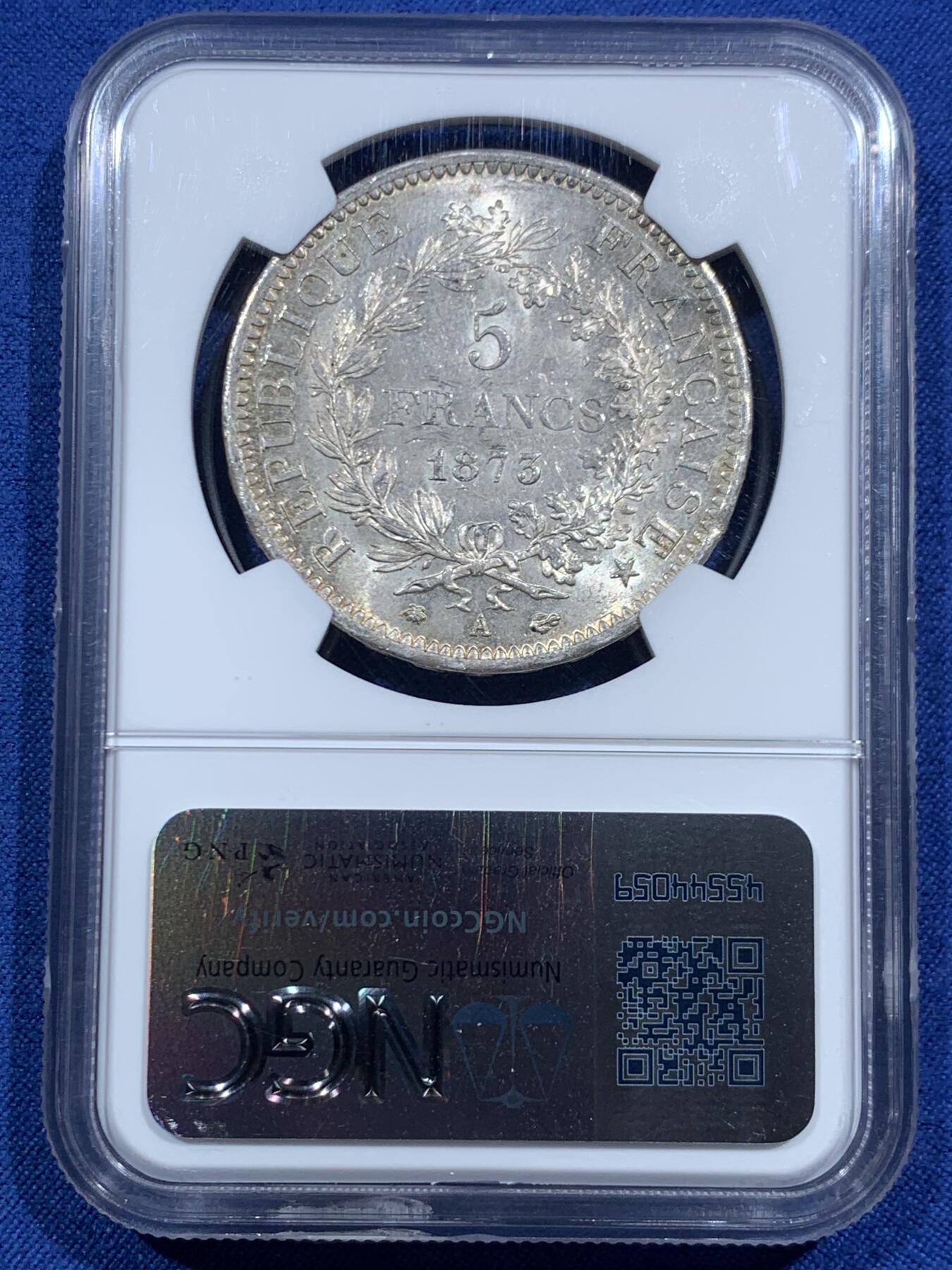 《竞宝斋》第463-465场 周日，周一，周二，3场连拍 （全场包邮）欢迎送拍 NGC MS64 法国1873大力神5法郎大银币，底板光度很好