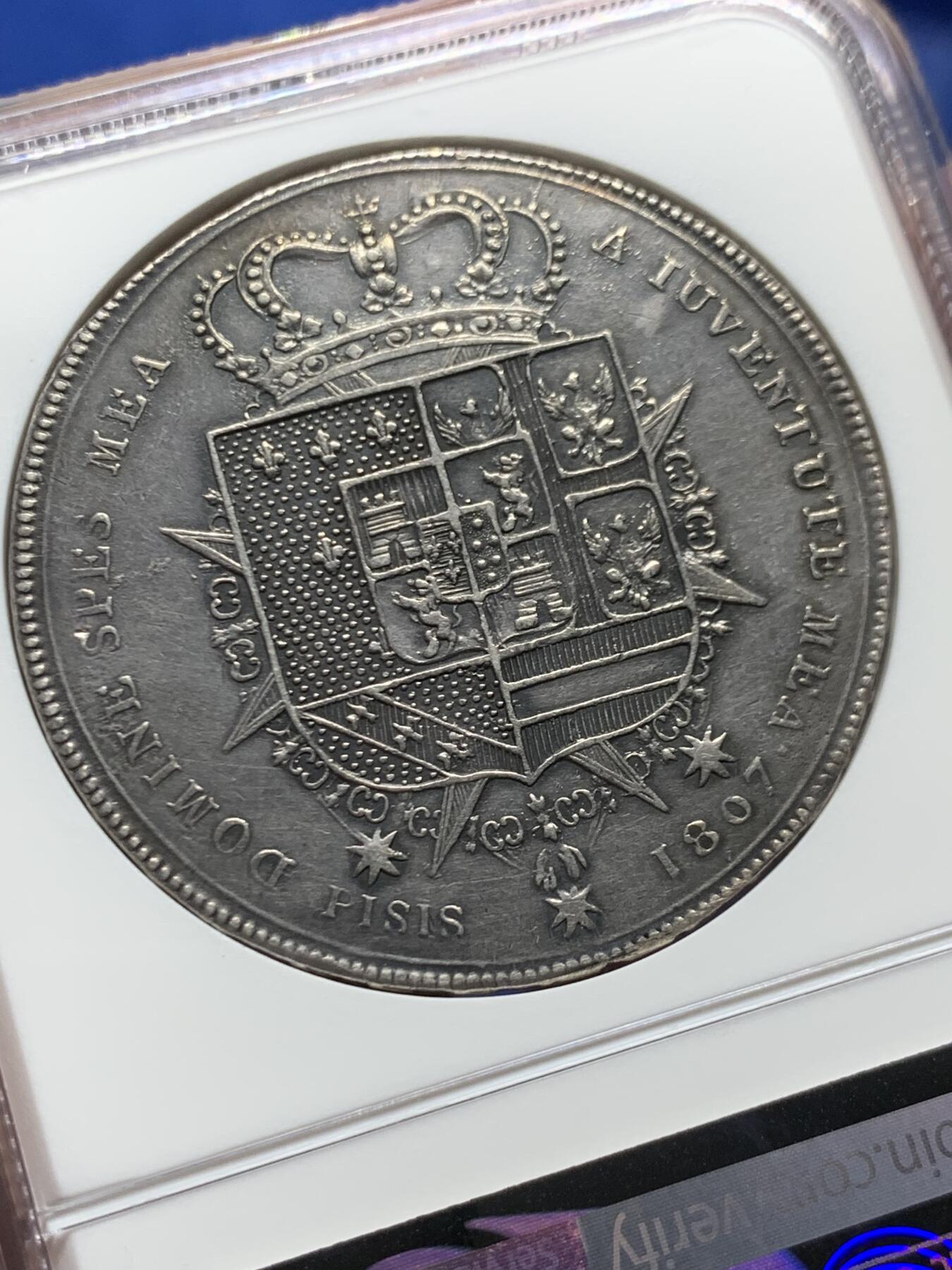 《竞宝斋》第463-465场 周日，周一，周二，3场连拍 （全场包邮）欢迎送拍 NGC AUD 意大利 托斯卡纳大公国 1807年 10P 银币 著名的母子大银 较为少见的面对面版 拿系币热门品种 打制清晰 细节见图