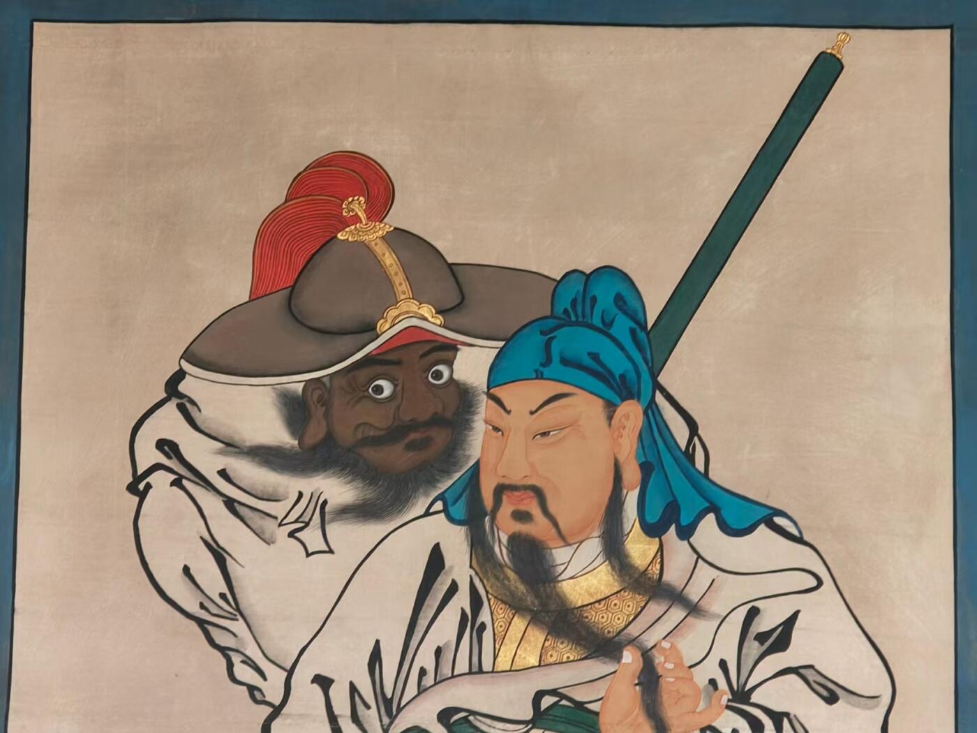 晚清民国  纯手绘老粗布  五彩描金画  关公武财神与张飞之忠義千秋 画像一张 画工精湛 人物细节描绘  栩栩如生活灵现 全品完整满工包老 值得拥有 尺寸250/120