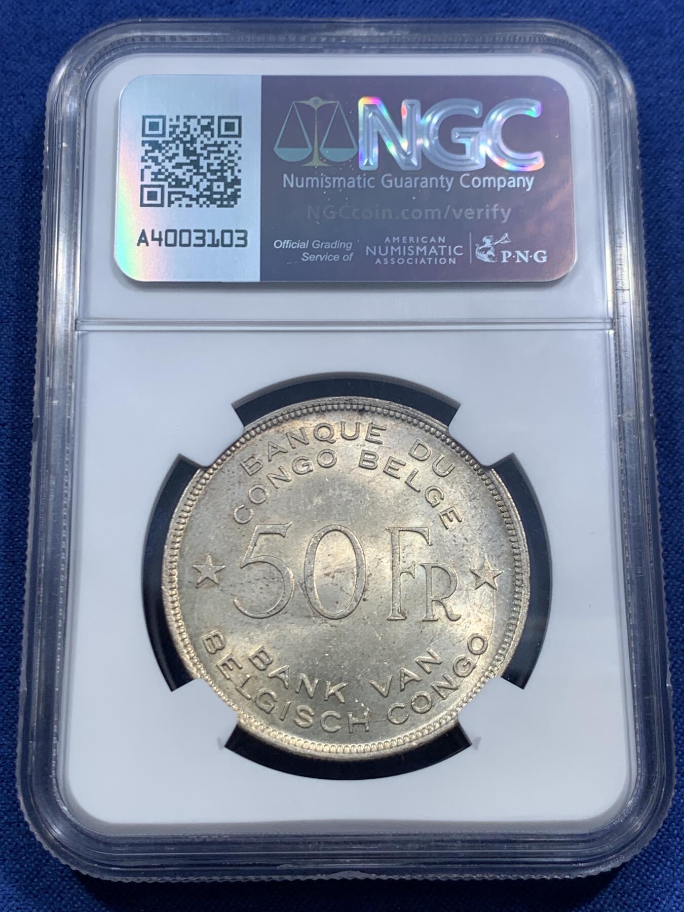 《竞宝斋》第463-465场 周日，周一，周二，3场连拍 （全场包邮）欢迎送拍 NGC MS62 比属刚果1944年大象50法郎银币 热门品种 原味自然黄油老包浆 光泽优美舒服 状态极好 威武雄壮的非洲象