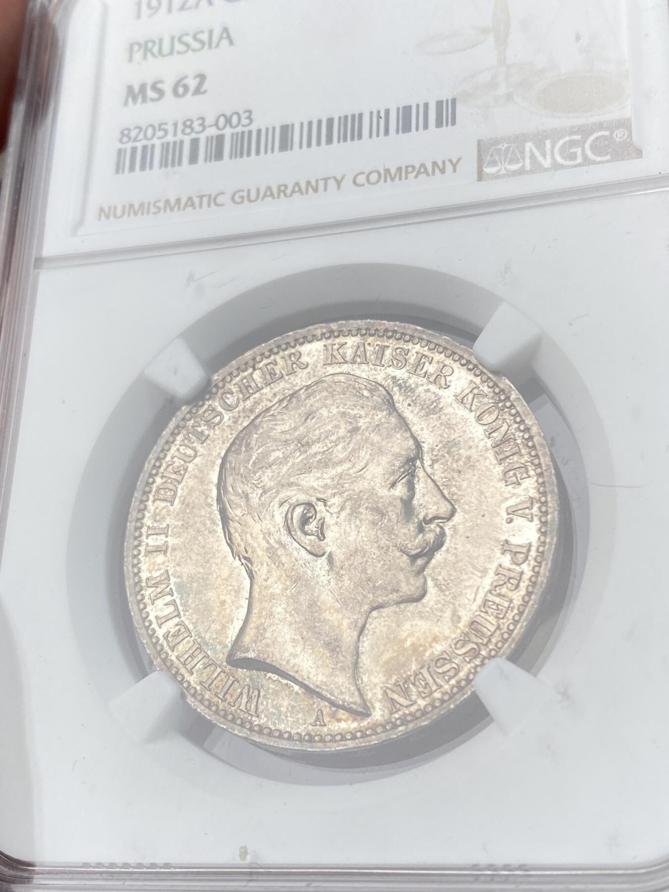 万国钱币拍卖第060期（万国六十期纪念大拍） NGC MS62 1912德国普鲁士威廉二世长翅流通3马克 原味淡彩转光好品