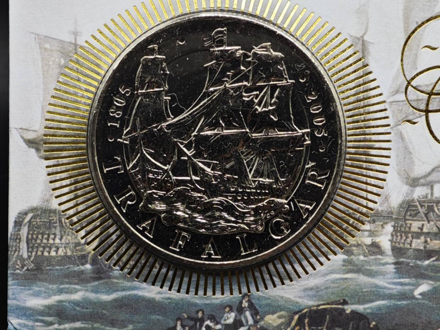 【淘币小摊】限时拍第八百六十二拍  克朗币邮币封场  满百包邮可预留两周  周一统一发货  英国2005年特拉法加海战200周年5镑纪念币邮币封