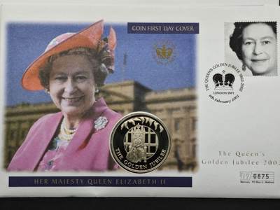 【淘币小摊】限时拍第八百六十二拍  克朗币邮币封场  满百包邮可预留两周  周一统一发货  - 福克兰群岛2002年女王登基金禧50便士纪念币邮币封