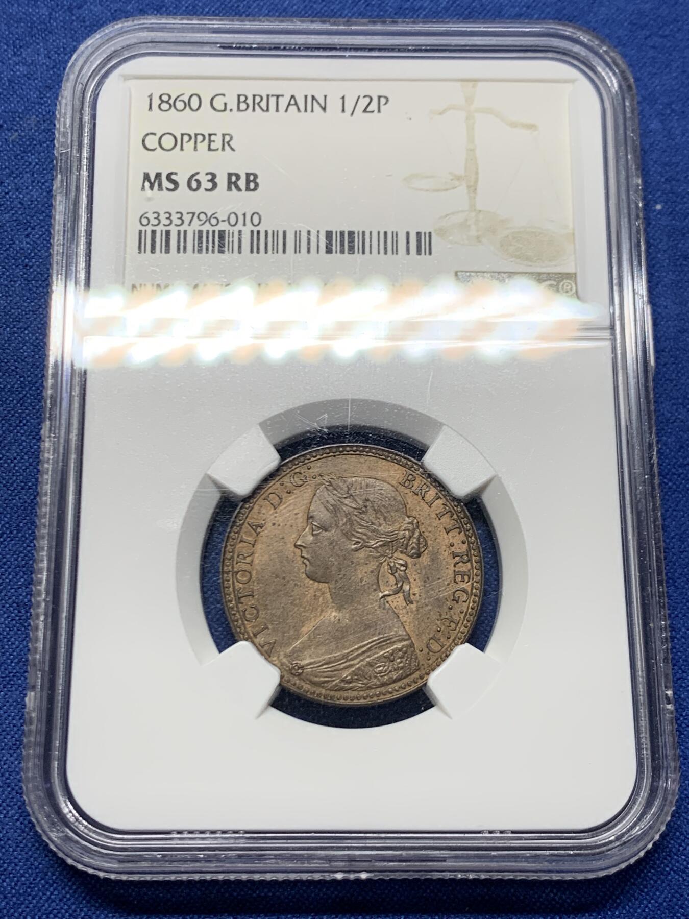 《竞宝斋》第463-465场 周日，周一，周二，3场连拍 （全场包邮）欢迎送拍 NGC MS63RB 英国1860年维多利亚1/2便士，女神肖像还是美女的版别，包浆增添了大海上的风暴感