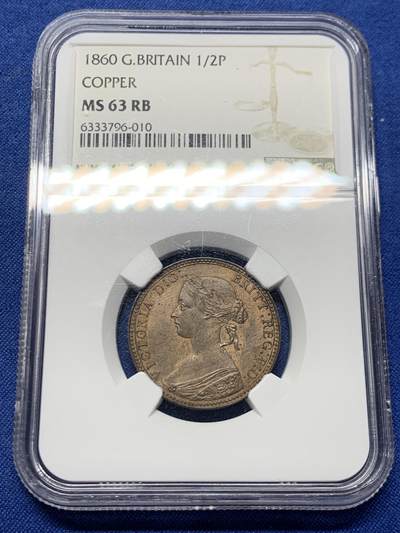 《竞宝斋》第463-465场 周日，周一，周二，3场连拍 （全场包邮）欢迎送拍 - NGC MS63RB 英国1860年维多利亚1/2便士，女神肖像还是美女的版别，包浆增添了大海上的风暴感