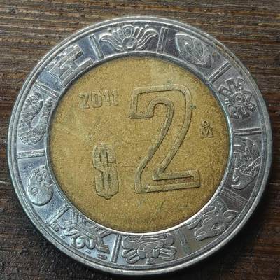 【铜匠收藏】★第143★散币专场 不寄存，30包邮。不满30元，支付5元运费。《接受代拍 代送NGC评级》 - 92【无寄存】墨西哥 2011年 2比索 双色币