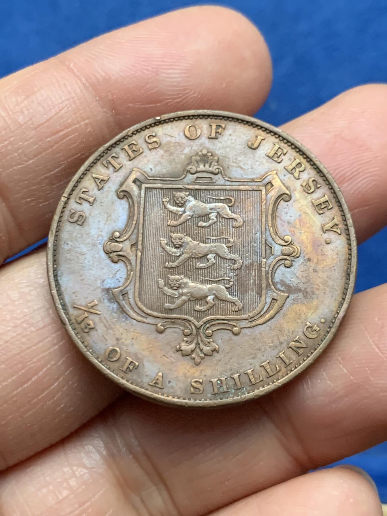 《竞宝斋》第463-465场 周日，周一，周二，3场连拍 （全场包邮）欢迎送拍 英属泽西1858年1/13先令大铜币 17.6克 少见品种