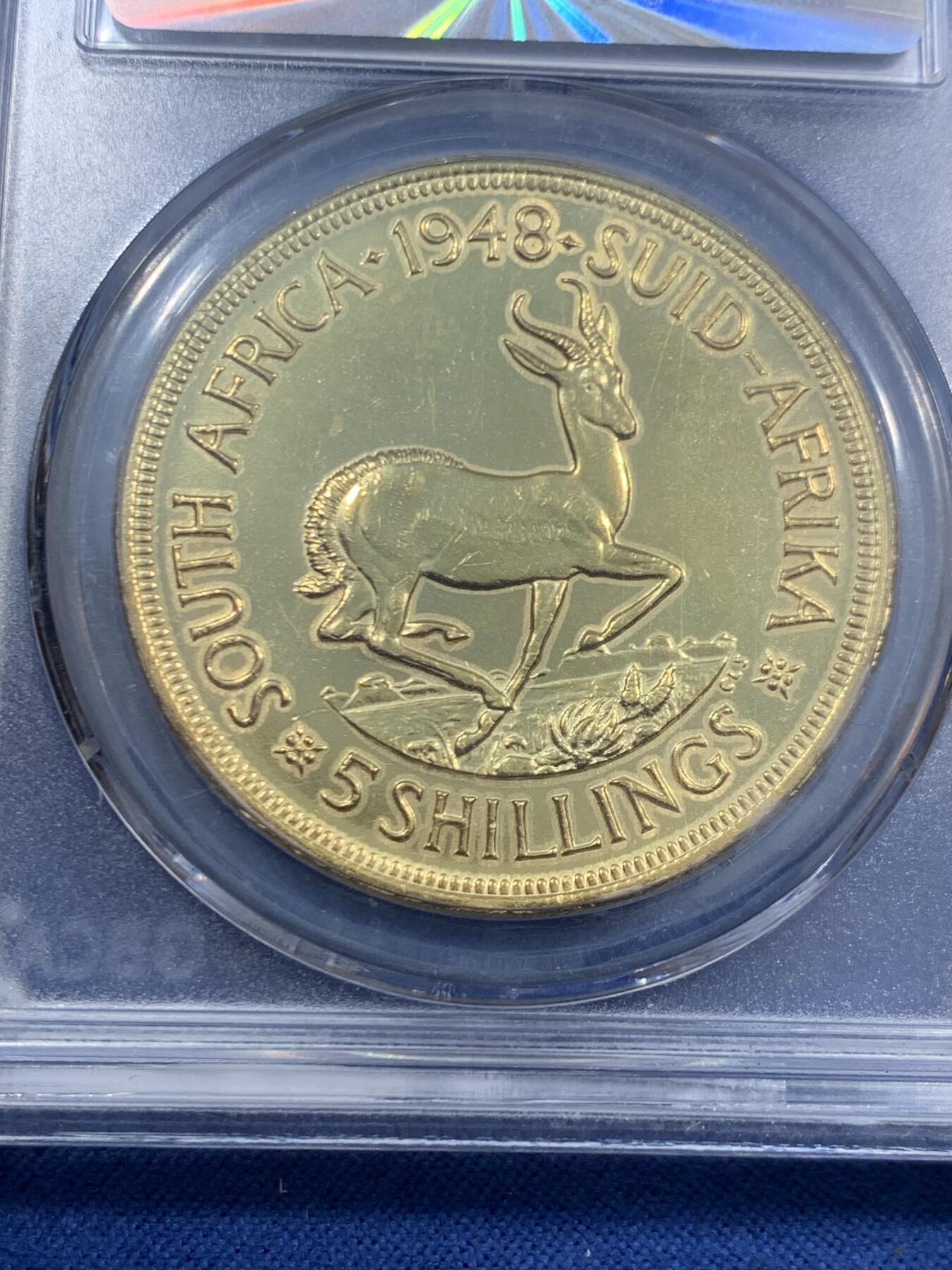 《竞宝斋》第463-465场 周日，周一，周二，3场连拍 （全场包邮）欢迎送拍 公博 MS65 南非1948年乔治六世羚羊5先令大银币 后镀金