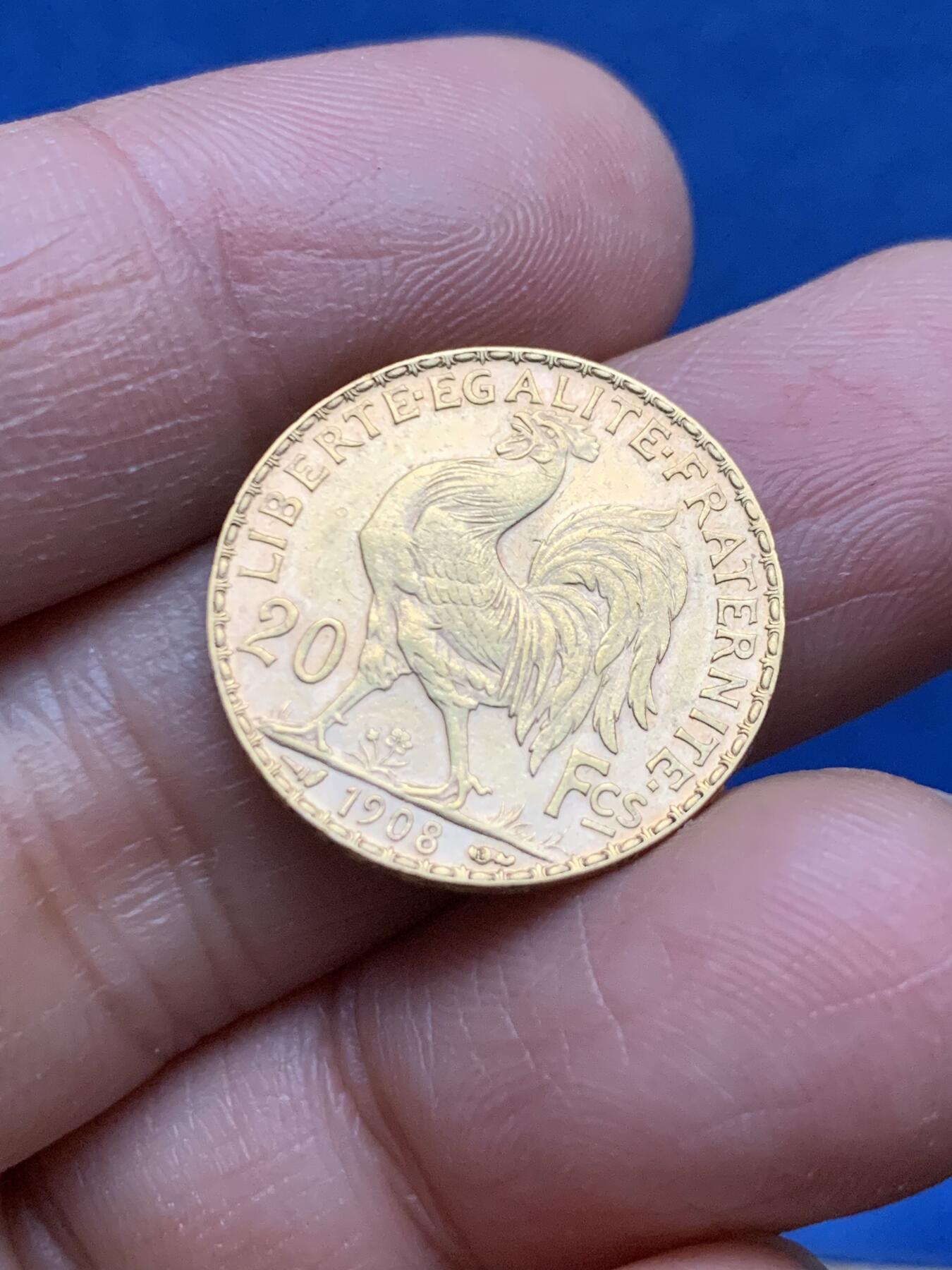 《竞宝斋》第463-465场 周日，周一，周二，3场连拍 （全场包邮）欢迎送拍 法国1908年“玛丽安娜女神/高卢鸡”20法郎金币，900金，6.45克，转光强烈