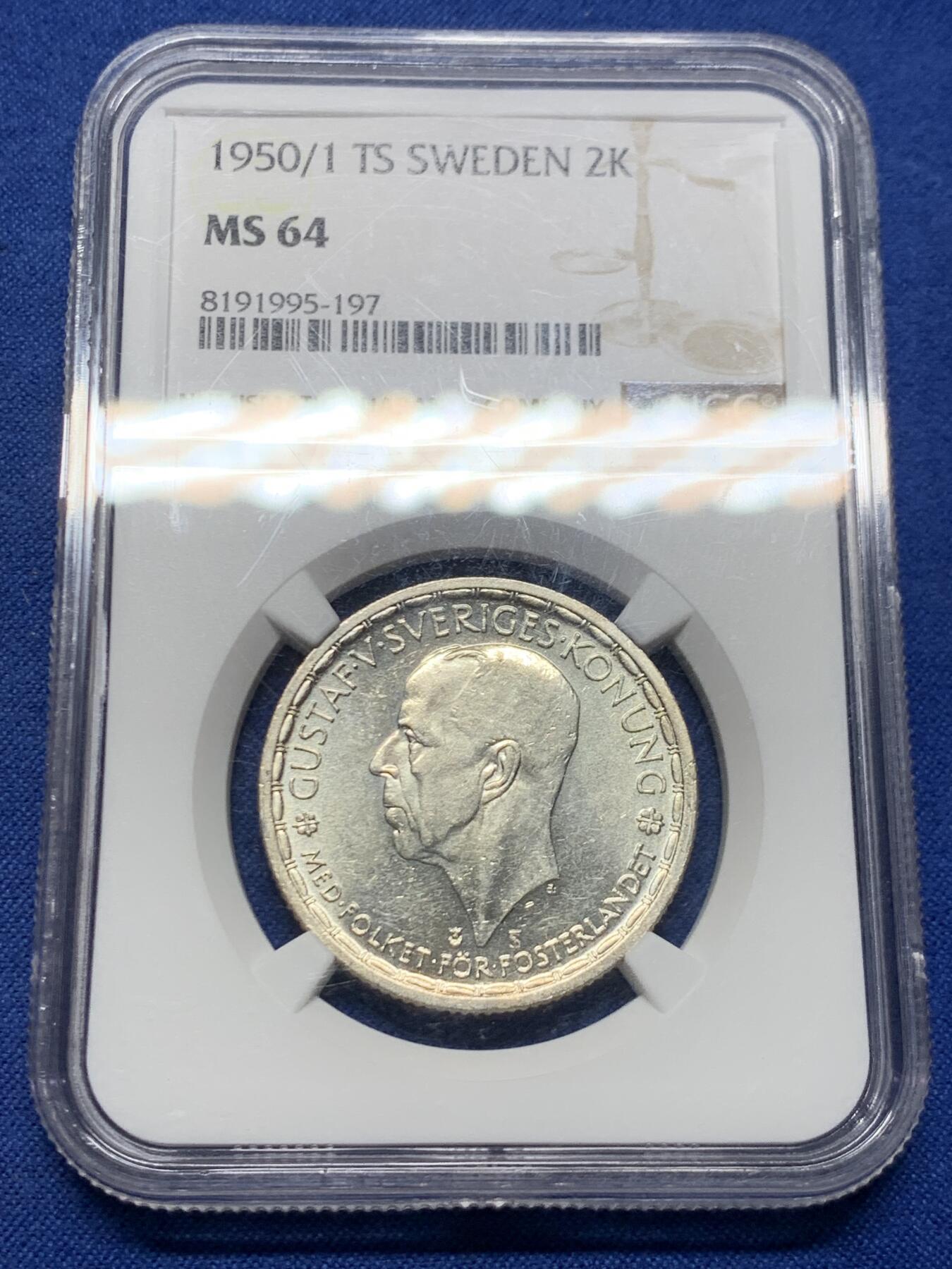 《竞宝斋》第463-465场 周日，周一，周二，3场连拍 （全场包邮）欢迎送拍 NGC MS64 瑞典 1950年 古斯塔夫五世国王 2克朗 银币