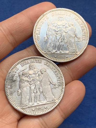 《竞宝斋》第463-465场 周日，周一，周二，3场连拍 （全场包邮）欢迎送拍 - 两枚一组 法国1874年大力神5法郎银币 总重49.7克