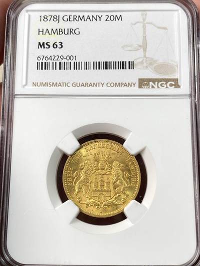 万国钱币拍卖第060期（万国六十期纪念大拍） - NGC MS63 1878德国汉堡自由市流通短翅20马克金币 三个自由市中唯一发行过的短翅版本 金光闪烁难得好品 7.96g 900金