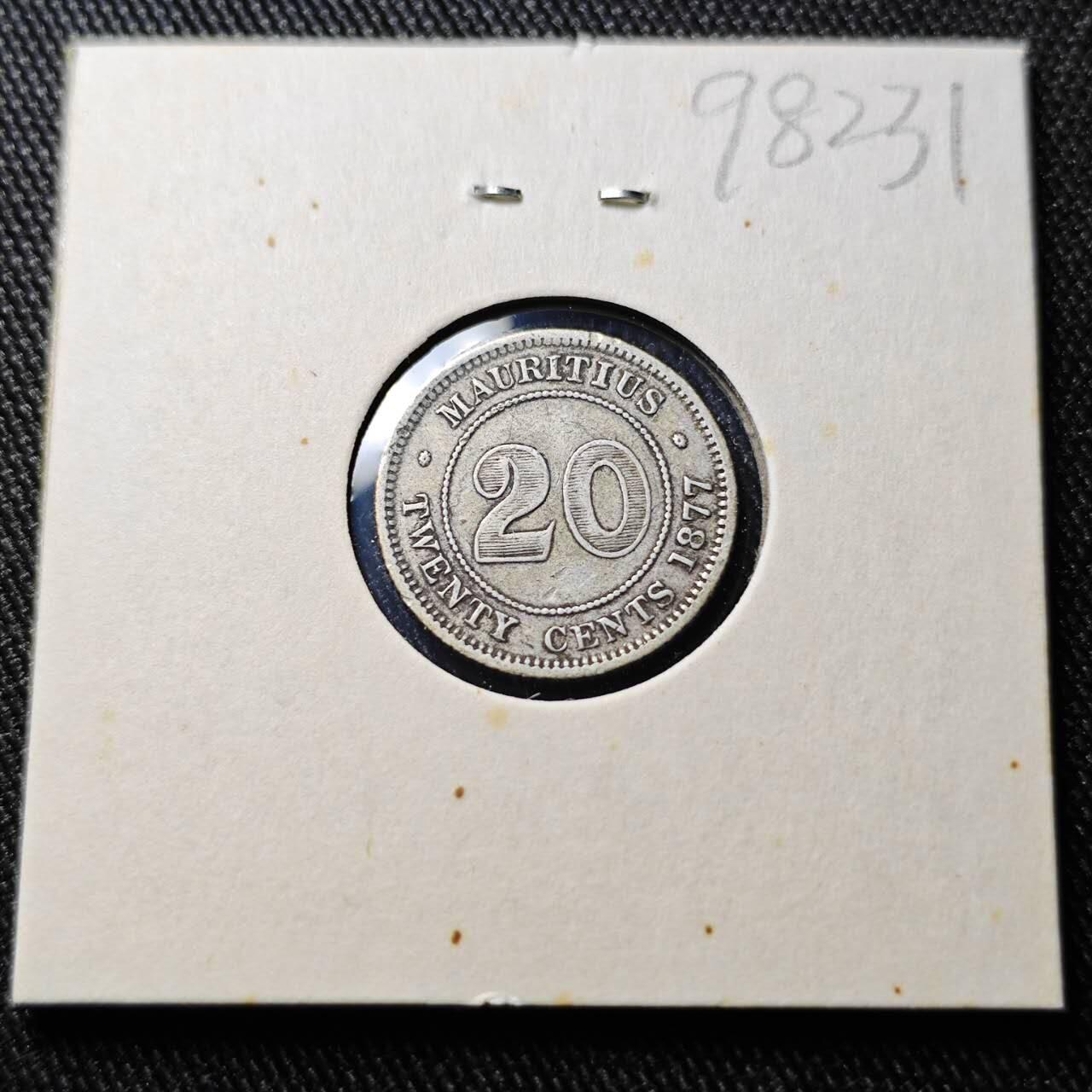 KK钱币收藏小铺  第398期 百期特拍（四拍之二） 2月预留时间 周末发货  1877英属维多利亚女王毛里求斯20分银币