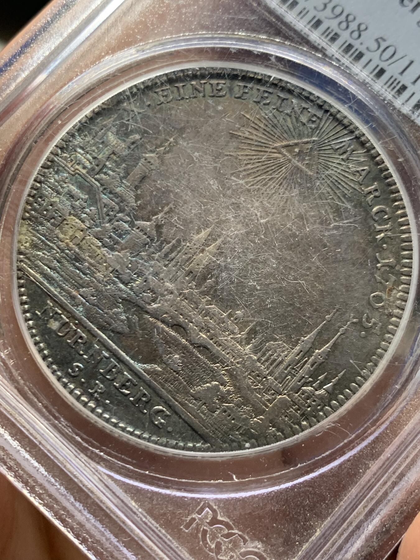 《竞宝斋》第463-465场 周日，周一，周二，3场连拍 （全场包邮）欢迎送拍 PCGS AU50 德国纽伦堡1765年双头鹰景观泰勒大银币 早期P盒 保存很不错 状态包浆同样惊人美丽