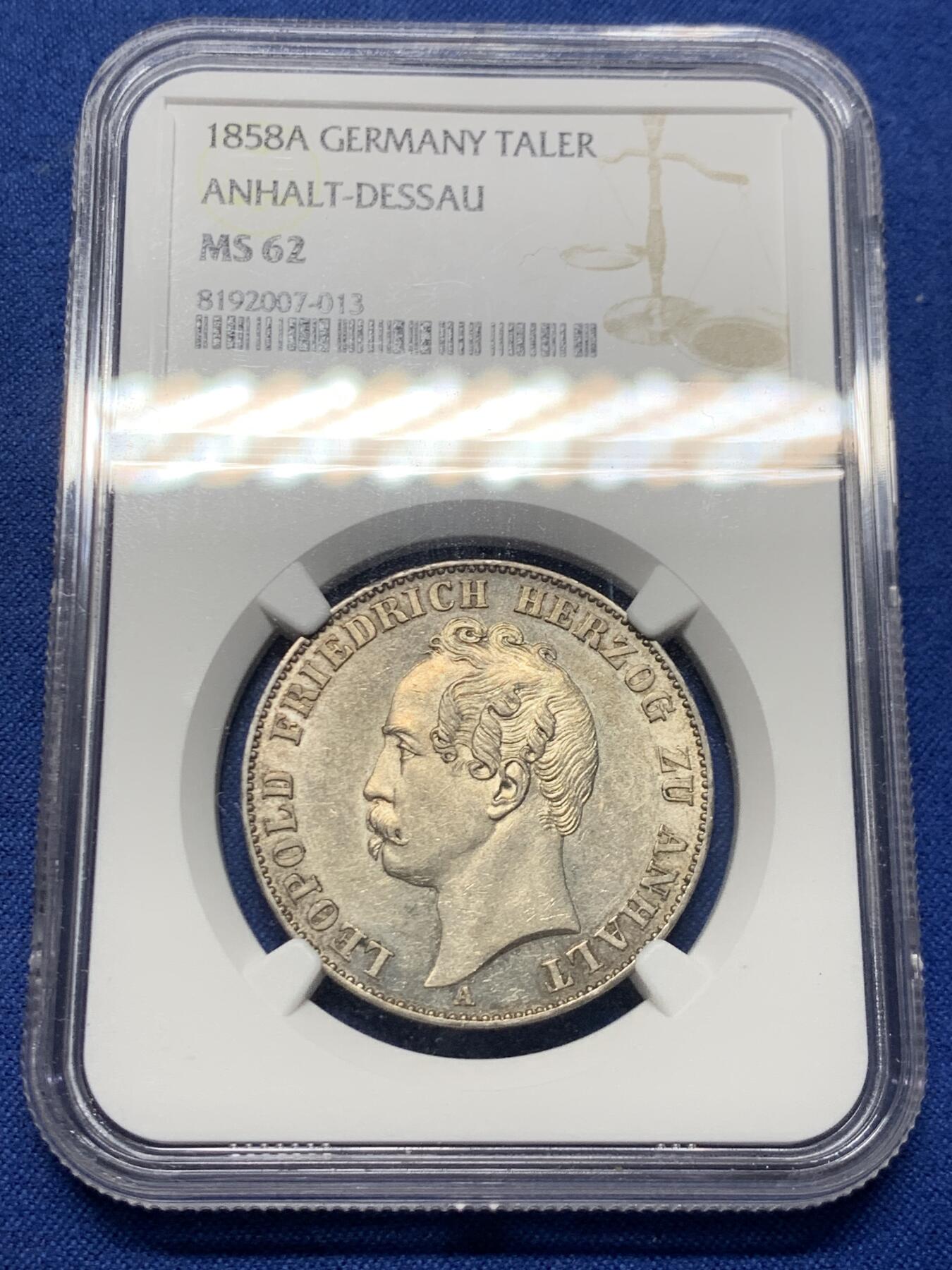 《竞宝斋》第463-465场 周日，周一，周二，3场连拍 （全场包邮）欢迎送拍 NGC MS62 德国 1858 安哈特德邵双小熊流通泰勒，首年发行，NGC亚军分，难度极大的小邦品种