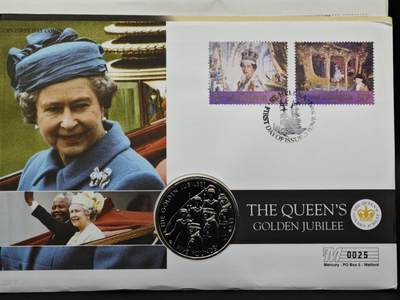 【淘币小摊】限时拍第八百六十二拍  克朗币邮币封场  满百包邮可预留两周  周一统一发货  - 泽西岛2002年女王登基金禧5镑纪念币邮币封