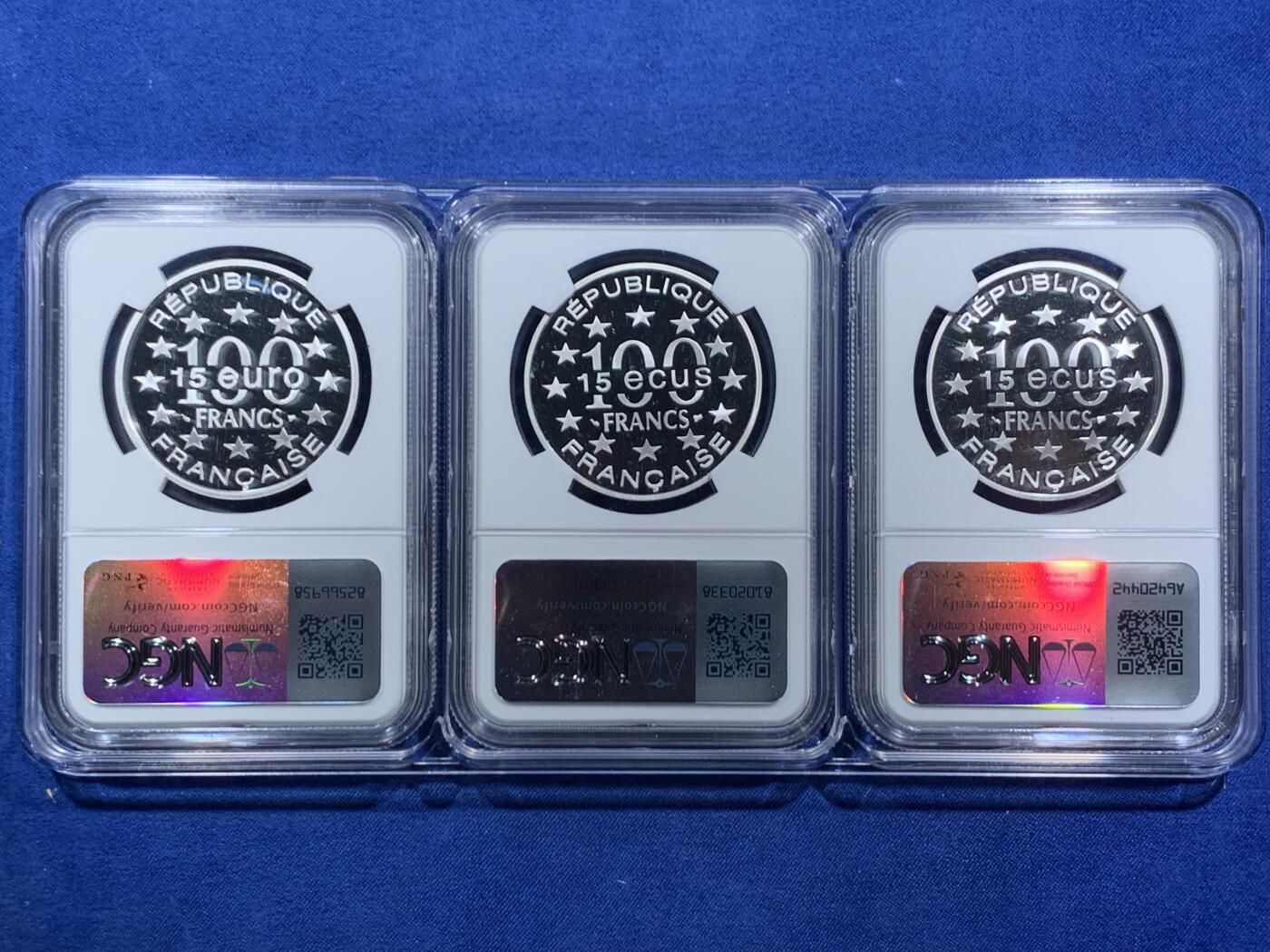 《竞宝斋》第463-465场 周日，周一，周二，3场连拍 （全场包邮）欢迎送拍 三枚一组 NGC PF69UC 法国老币欧洲经典景点系列-瑞典赫尔辛基、希腊帕特农神庙、西班牙阿尔罕布拉宫100法郎精制纪念银币（900银，克重22.2克，镌刻在银币上的永恒记忆，虽然已经历经40年的岁月打磨，但银币依然历久弥新！）