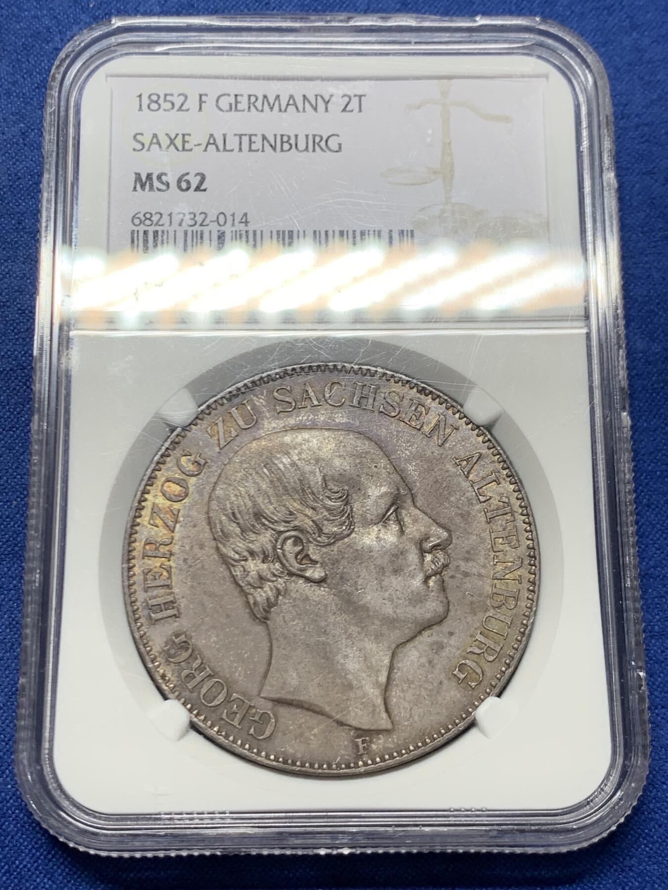 《竞宝斋》第463-465场 周日，周一，周二，3场连拍 （全场包邮）欢迎送拍 NGC MS62 德国 1852年 萨克森-阿尔滕堡公国 2泰勒大37克的大银币 发行仅9400枚 不可多得的藏品