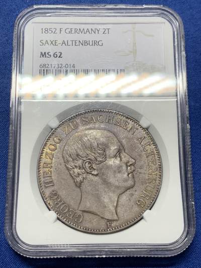 《竞宝斋》第463-465场 周日，周一，周二，3场连拍 （全场包邮）欢迎送拍 - NGC MS62 德国 1852年 萨克森-阿尔滕堡公国 2泰勒大37克的大银币 发行仅9400枚 不可多得的藏品