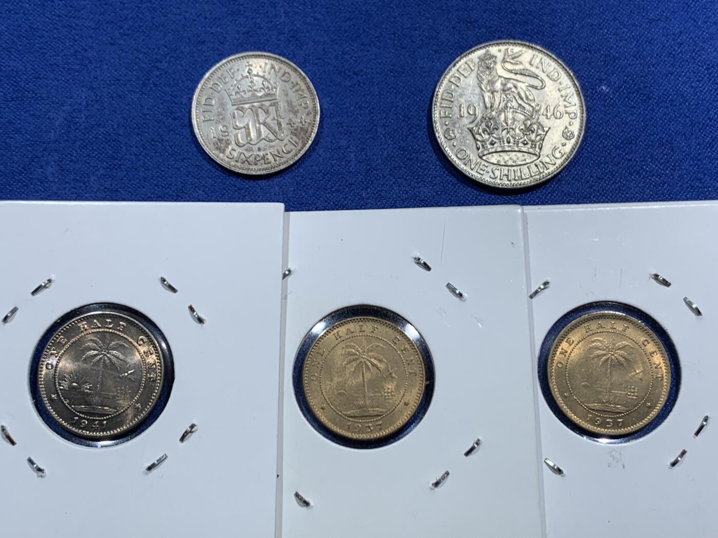 《竞宝斋》第463-465场 周日，周一，周二，3场连拍 （全场包邮）欢迎送拍 五枚一组 英国银币2枚（1946乔六1先令+1944乔六6便士）+利比里亚大象1/2分3枚（1937年2枚+1941年1枚）可送评级 利比里亚3枚卷拆原光