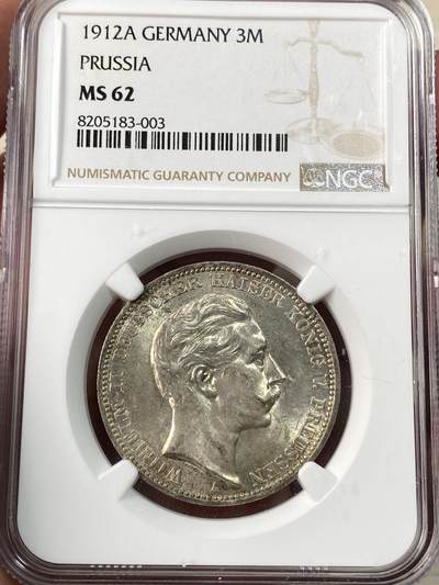 万国钱币拍卖第060期（万国六十期纪念大拍） - NGC MS62 1912德国普鲁士威廉二世长翅流通3马克 原味淡彩转光好品