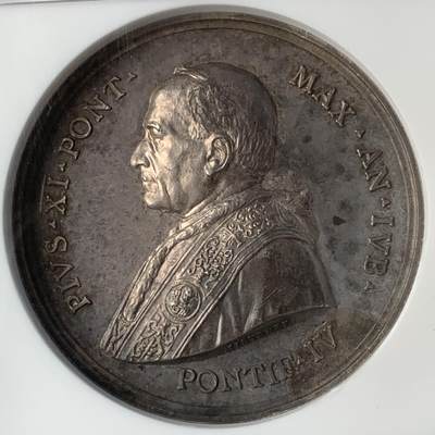 掌中浮雕-藏着的欧洲第052场 - NGC  MS62 ：1925年梵蒂冈教皇国教皇庇护十一 银章，43mm