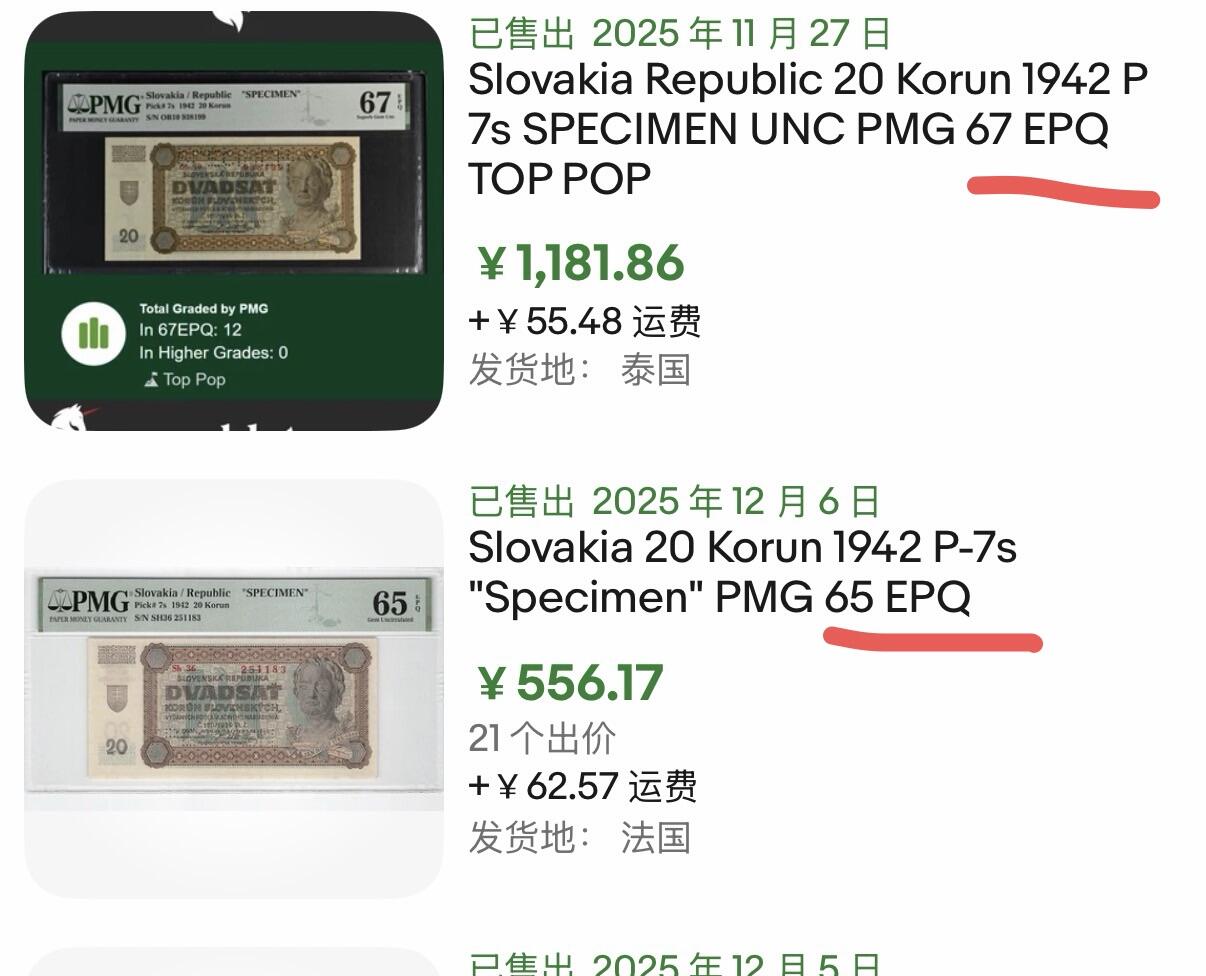 小福收藏拍卖第198期 评级币精选场  本期有菲律宾百位靓号100000比索超大纪念钞 苏里南25000盾花鸟版最高值 柬埔寨珍品56年50瑞尔 南越未发行版最高值打飞机  巴哈马彩背 老挝中国代印57年样钞 匈牙利 斯洛伐克 法罗群岛等多国精美高分珍稀老钞精品纸币 斯洛伐克 1942年 20克朗 样钞 少见 双尾 PMG66 EPQ 亚军分