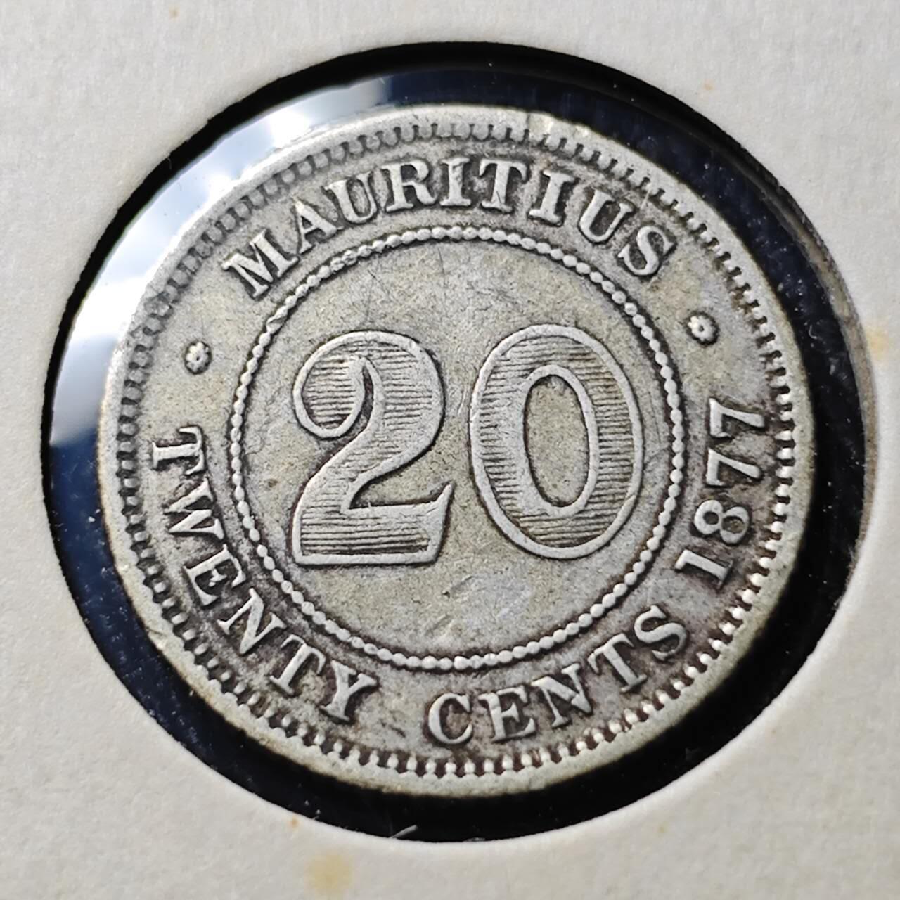 KK钱币收藏小铺  第398期 百期特拍（四拍之二） 2月预留时间 周末发货  1877英属维多利亚女王毛里求斯20分银币