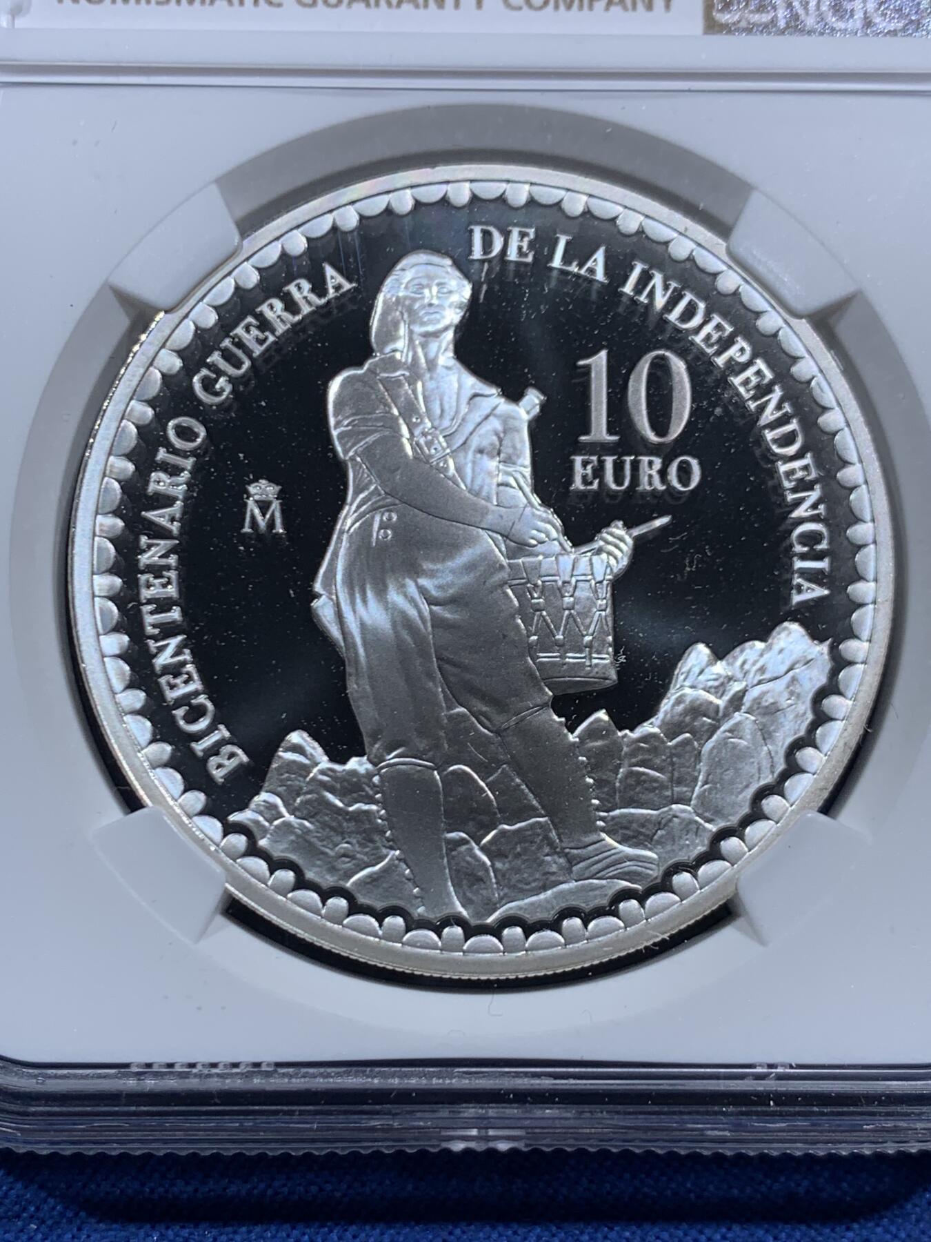 《竞宝斋》第463-465场 周日，周一，周二，3场连拍 （全场包邮）欢迎送拍 NGC PF68UC 西班牙2008年保卫国家战役胜利双面主题10欧精制纪念银币（27克，925银，币径40MM，限量发行12000枚，西班牙历史上反法战争纪念题材）