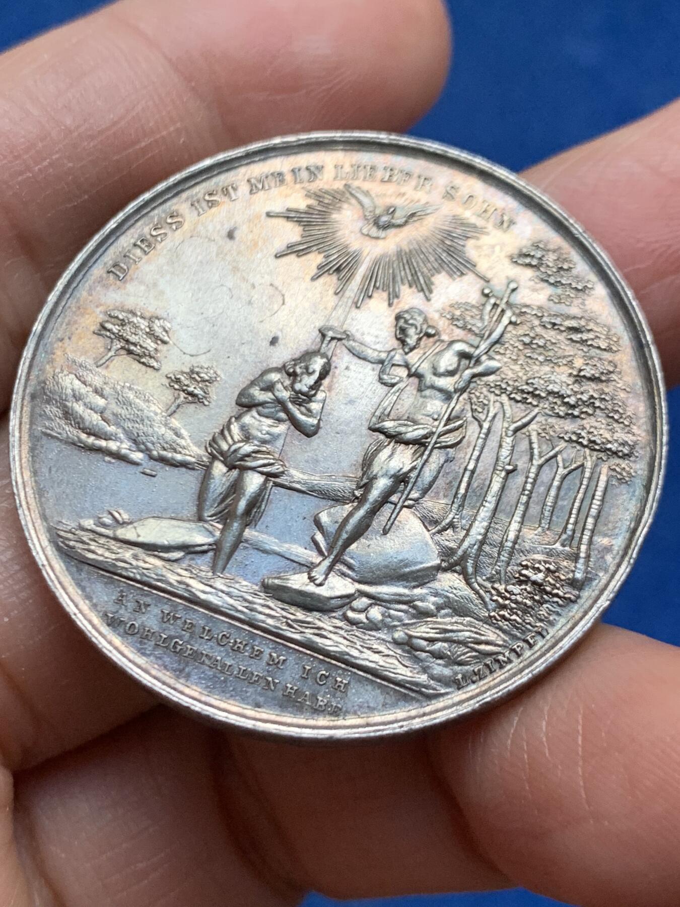 《竞宝斋》第463-465场 周日，周一，周二，3场连拍 （全场包邮）欢迎送拍 19世纪德国宗教洗礼大银章，正面圣子受洗图，38.8mm，24.3克