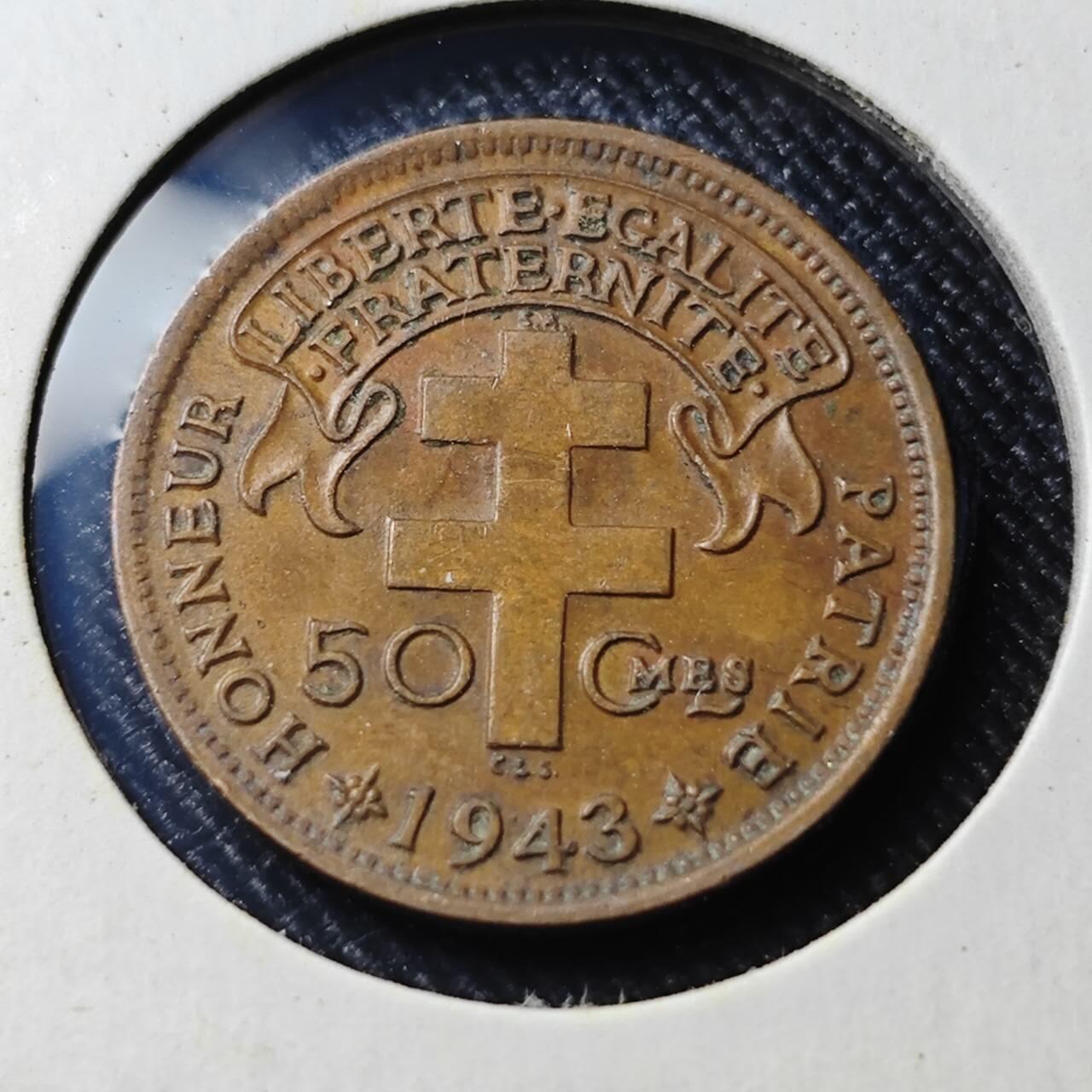 KK钱币收藏小铺  第398期 百期特拍（四拍之二） 2月预留时间 周末发货  1943法属马达加斯加50分小公鸡铜币